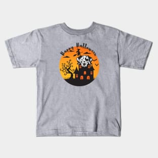 Dalmatian Dog Head with Haunted Mansion and Happy Halloween Sign Kids T-Shirt